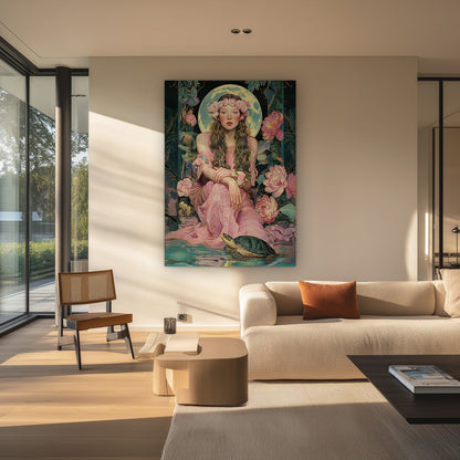 Young Woman Flower Crown Pink Dress Turtle Mystic Fantasy Portrait Painting