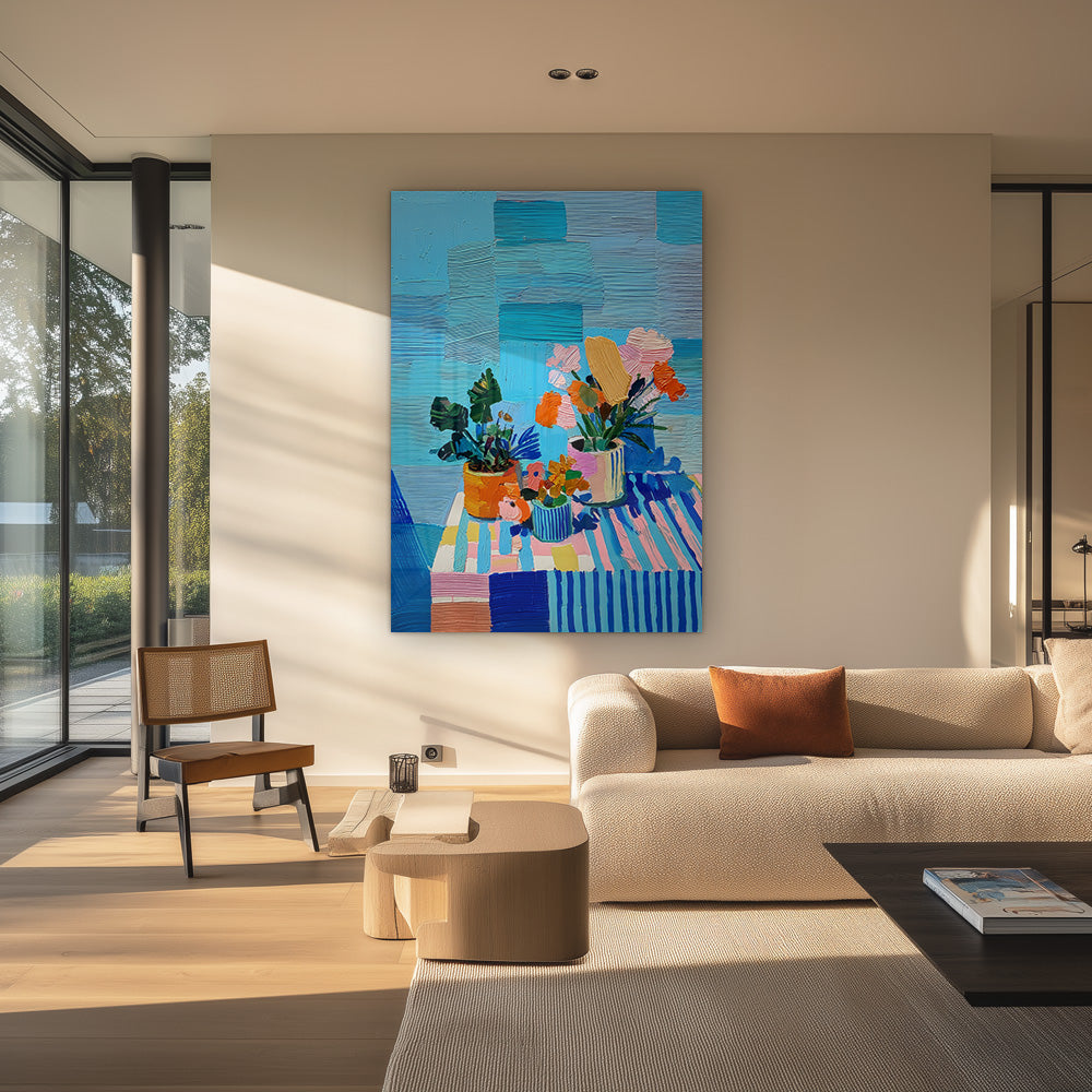 Zomerse Bloemenpracht Kleurrijke Boeketten Vazen Blauw Gestreept Tafelkleed Schilderij