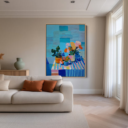 Zomerse Bloemenpracht Kleurrijke Boeketten Vazen Blauw Gestreept Tafelkleed Schilderij