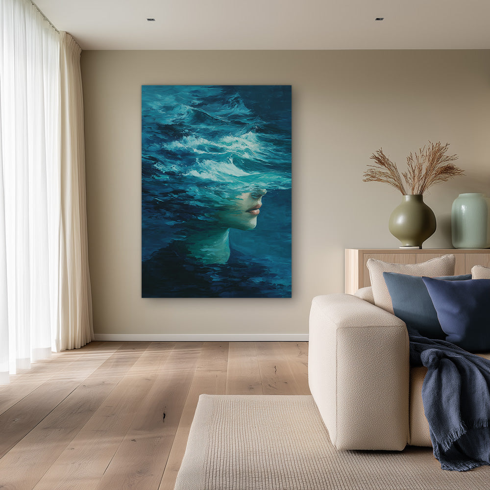 Surreal Woman Ocean Waves Turquoise Portrait Painting