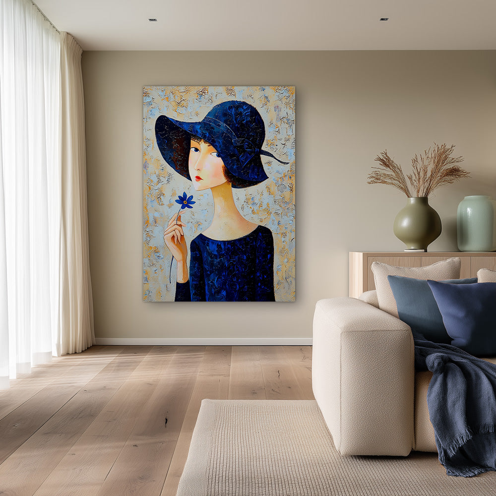 Elegante Vrouw Donkerblauwe Hoed Blauwe Bloem Jurk Portret Schilderij