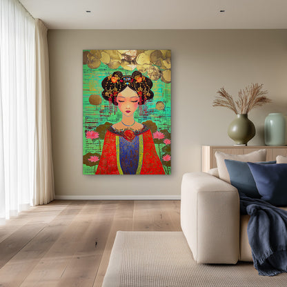 Orientalische Kaiserin Roter Mantel Lotusblumen Gold Türkis Farbiges Gemälde