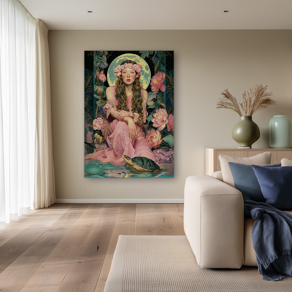 Young Woman Flower Crown Pink Dress Turtle Mystic Fantasy Portrait Painting