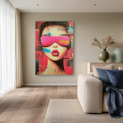 Futuristic Female Portrait Neon Pink Glasses Graffiti Street Art Stylish Painting