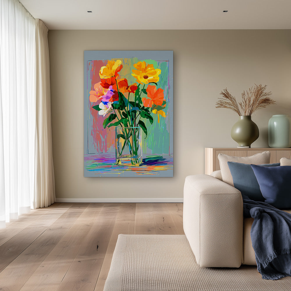 Bunter Blumenstrauß Glasvase Regenbogen Hintergrund Abstraktes Gemälde