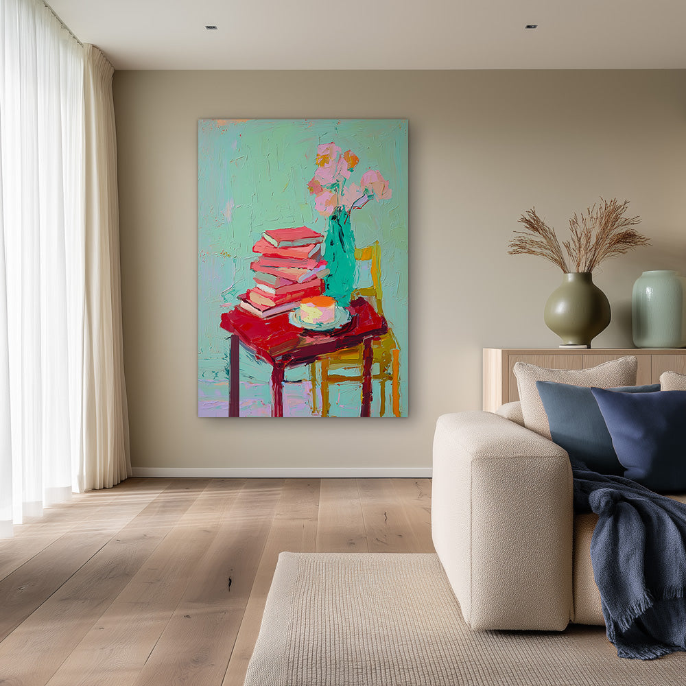 Stilleven Stapel Boeken Teal Vaas Roze Bloemen Gezellige Kleurrijke Schilderij