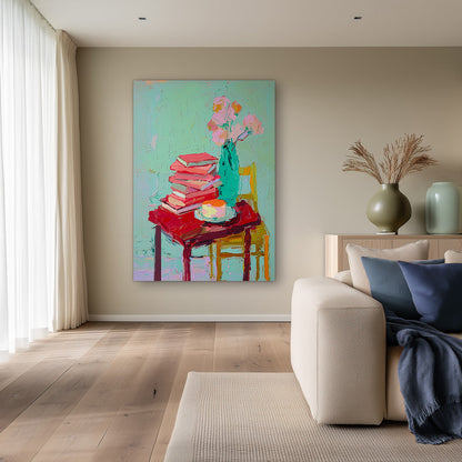Stilleven Stapel Boeken Teal Vaas Roze Bloemen Gezellige Kleurrijke Schilderij