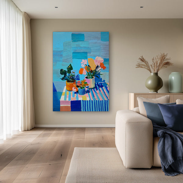 Zomerse Bloemenpracht Kleurrijke Boeketten Vazen Blauw Gestreept Tafelkleed Schilderij