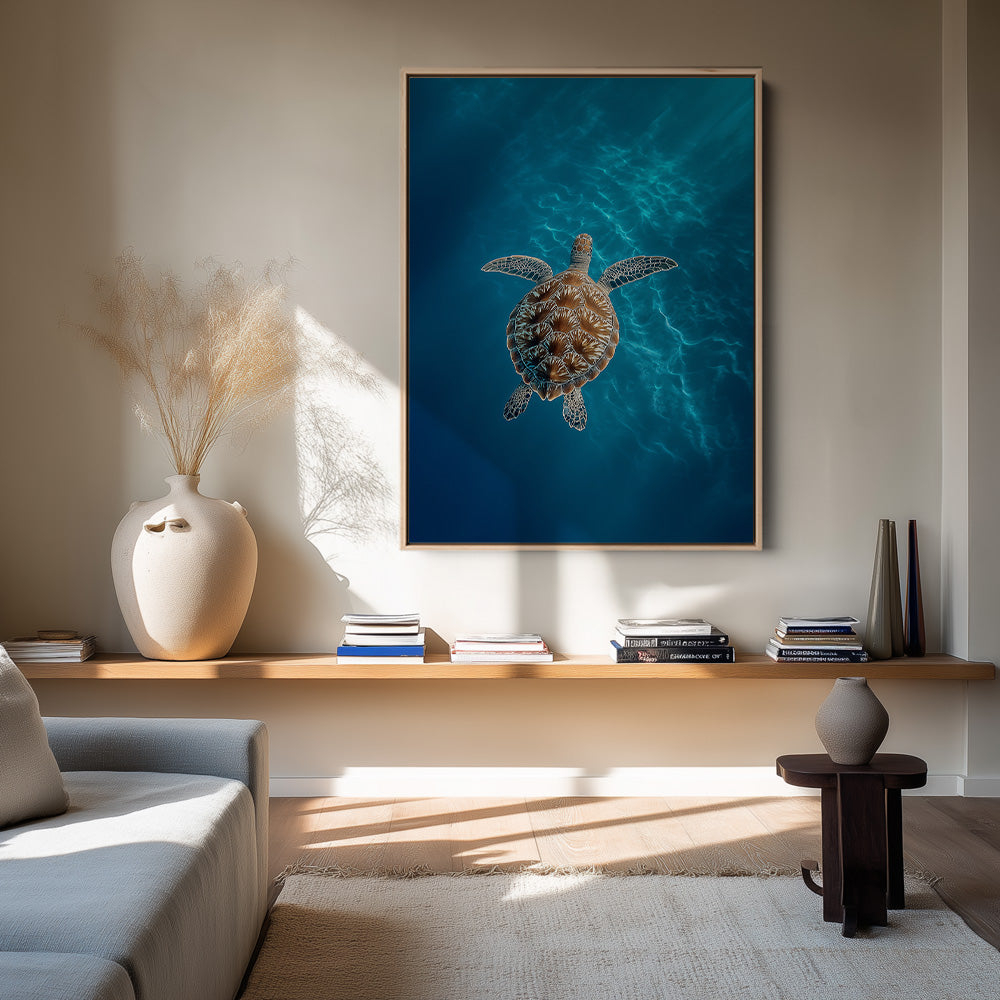 Meeresschildkröte Tiefblau Ozean Lichtstrahlen Unterwasserwelt Gemälde