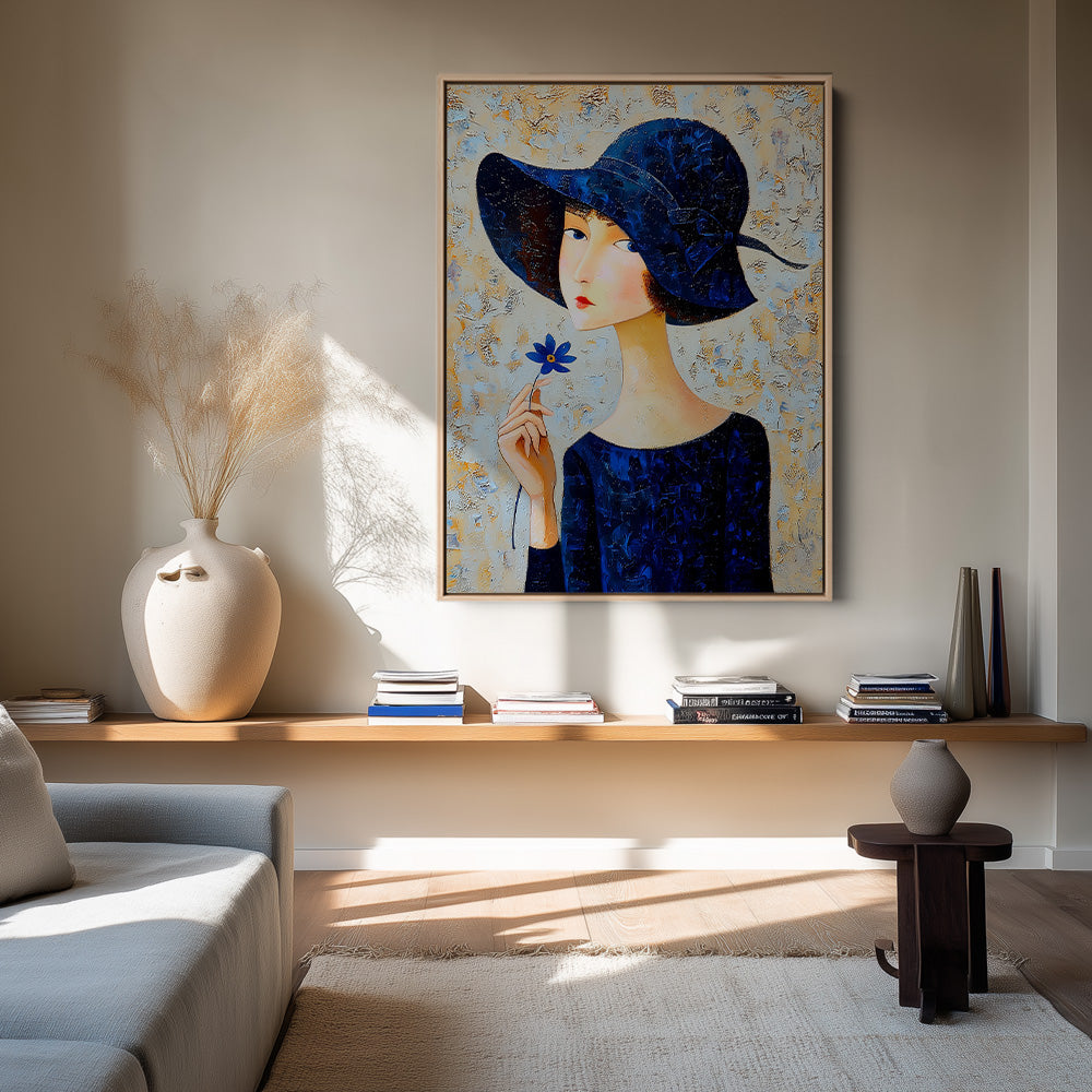 Elegante Vrouw Donkerblauwe Hoed Blauwe Bloem Jurk Portret Schilderij