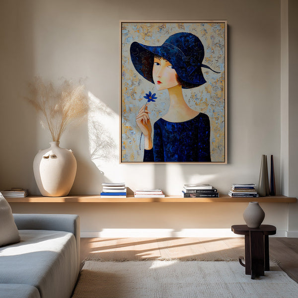 Elegante Vrouw Donkerblauwe Hoed Blauwe Bloem Jurk Portret Schilderij