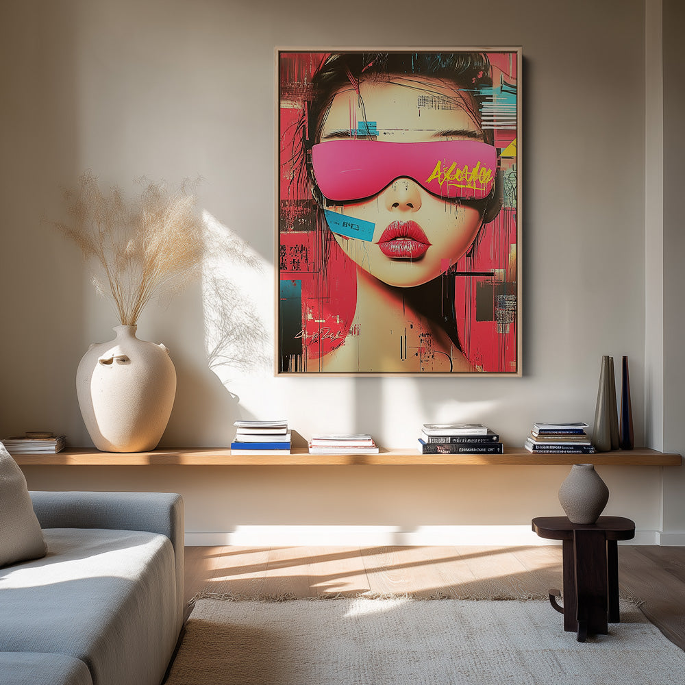 Futuristic Female Portrait Neon Pink Glasses Graffiti Street Art Stylish Painting