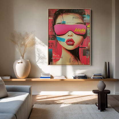 Futuristic Female Portrait Neon Pink Glasses Graffiti Street Art Stylish Painting