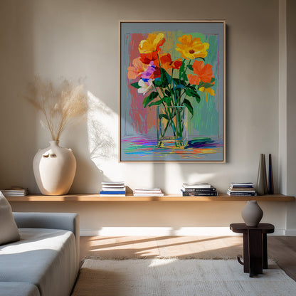 Bunter Blumenstrauß Glasvase Regenbogen Hintergrund Abstraktes Gemälde