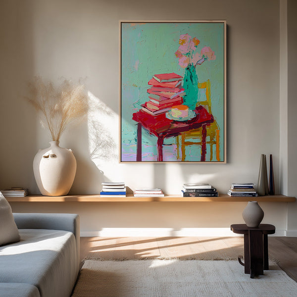 Stilleven Stapel Boeken Teal Vaas Roze Bloemen Gezellige Kleurrijke Schilderij