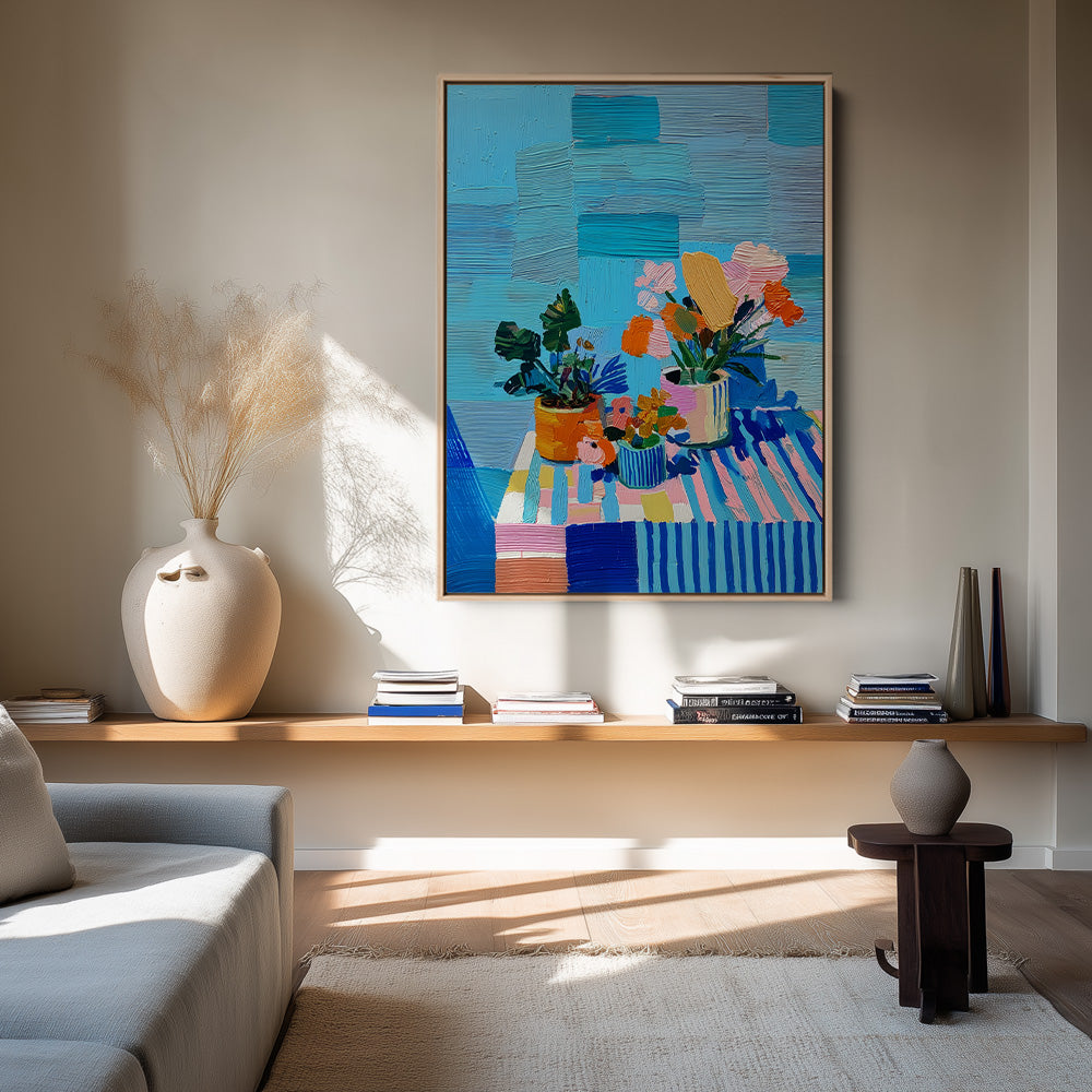 Zomerse Bloemenpracht Kleurrijke Boeketten Vazen Blauw Gestreept Tafelkleed Schilderij