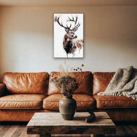 Edelhert in aquarel canvas schilderij aan de muur boven de bank in een landelijke woonkamer