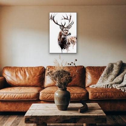 Edelhert in aquarel canvas schilderij aan de muur boven de bank in een landelijke woonkamer