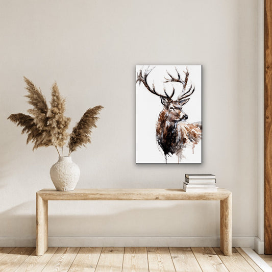 Edelhert in aquarel canvas schilderij aan de muur in de hal boven een houten bank