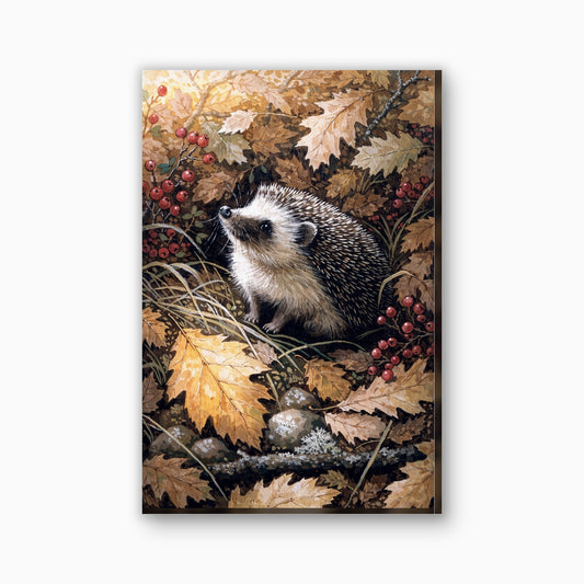 Egel in herfstblad canvas schilderij in goudbruin en rood