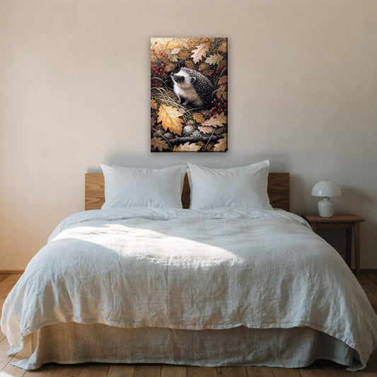 Egel in herfstblad canvas schilderij aan de muur boven het bed in de slaapkamer