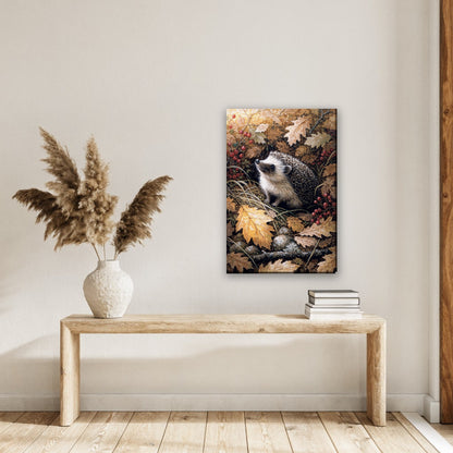 Egel in herfstblad canvas schilderij aan de muur in de hal boven een houten bank