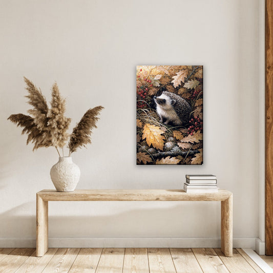 Egel in herfstblad canvas schilderij aan de muur in de hal boven een houten bank