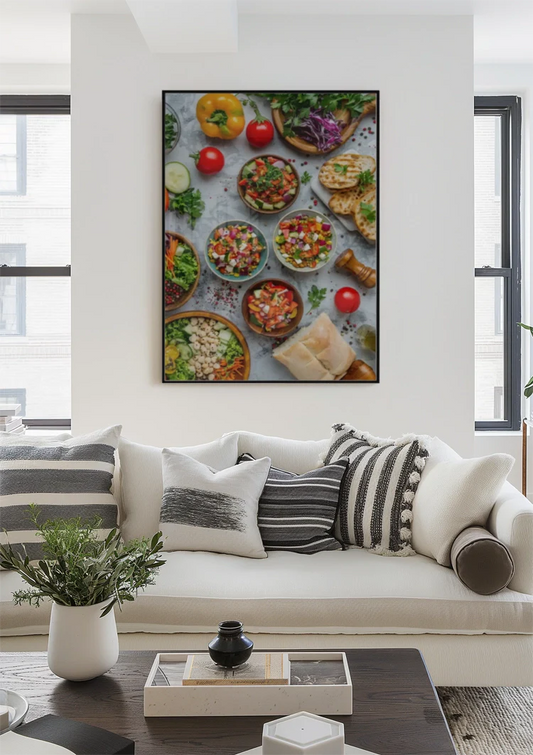 Kleurrijke Mediterrane Gerechten Groenten Salade Bovenaanzicht Canvas Schilderij