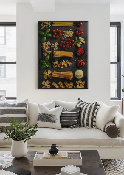 Italienisches Pasta-Sortiment Tomate Basilikum Dunkler Hintergrund Gemälde