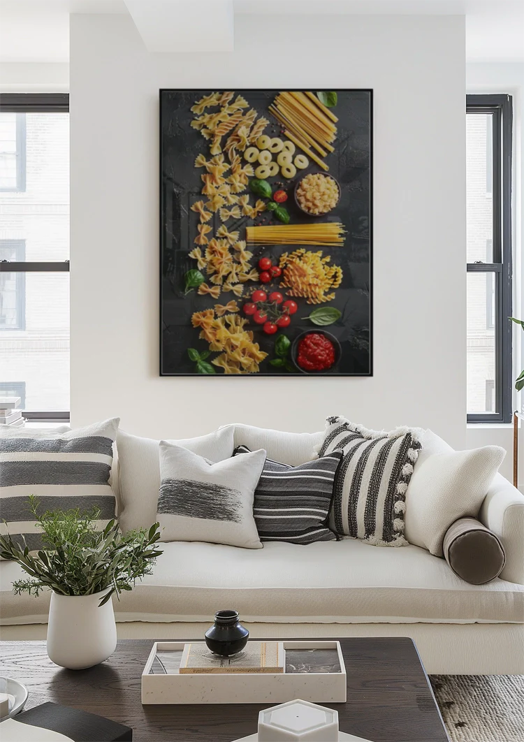Colorful Italian Pasta Varieties Fusilli Spaghetti Tomatoes Dark Painting