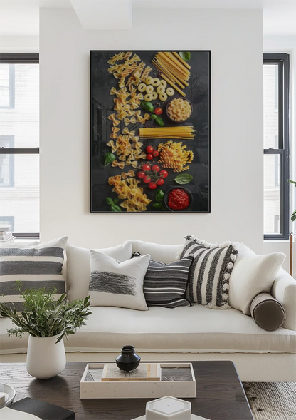 Colorful Italian Pasta Varieties Fusilli Spaghetti Tomatoes Dark Painting