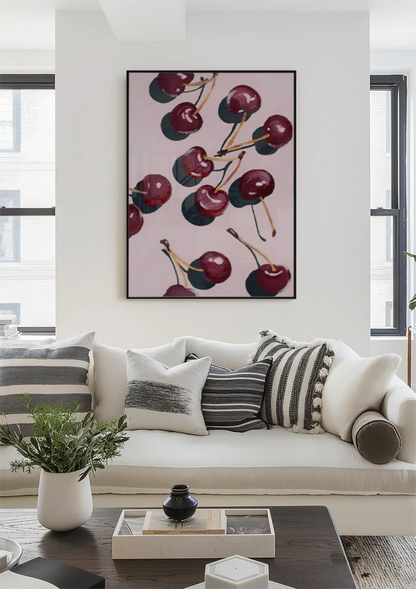 Dark Red Cherries Pink Background Fruit Still Life Painting
