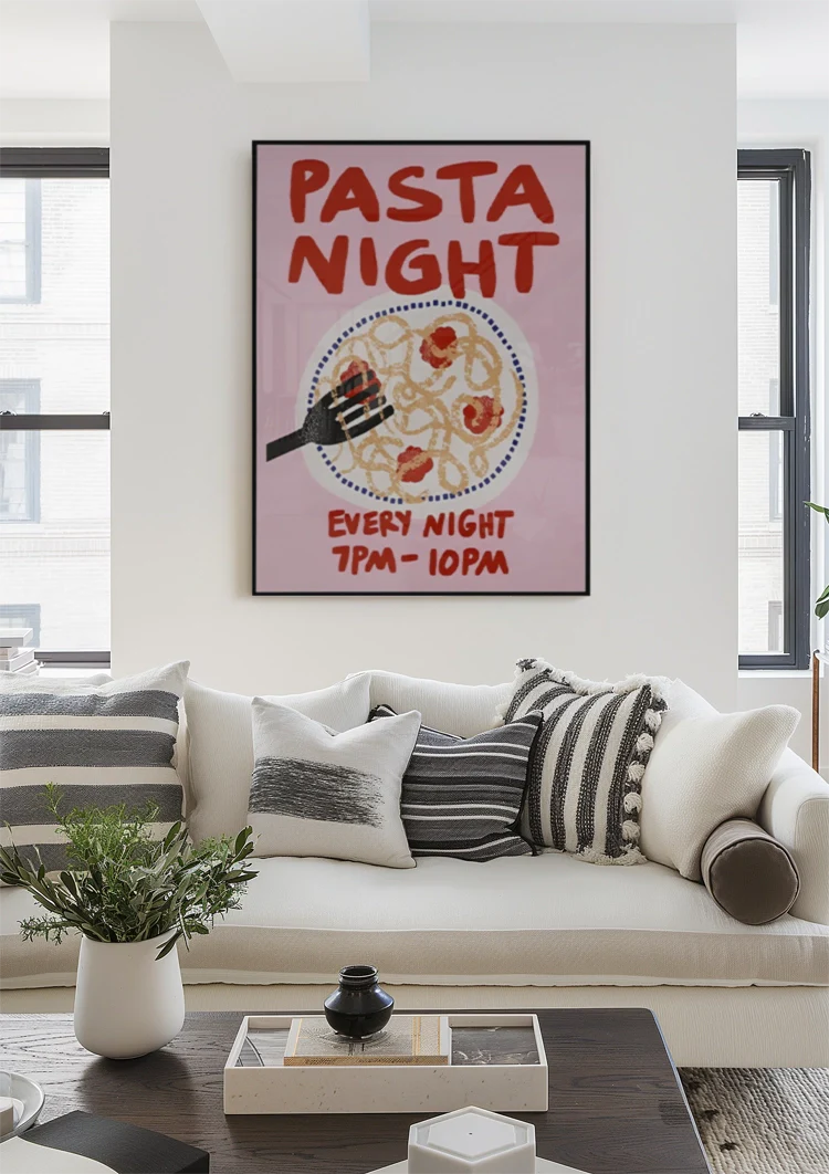 Pasta Night Retro Poster Pink Background Playful Illustration Italian Food Painting