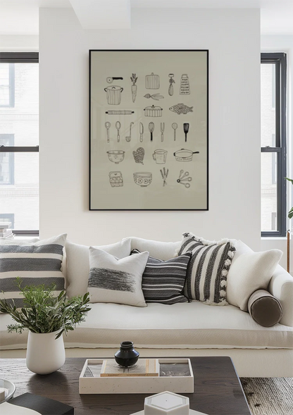 Küchenutensilien Linienillustration Beige Hintergrund Minimalistische Kochkunst-Malerei