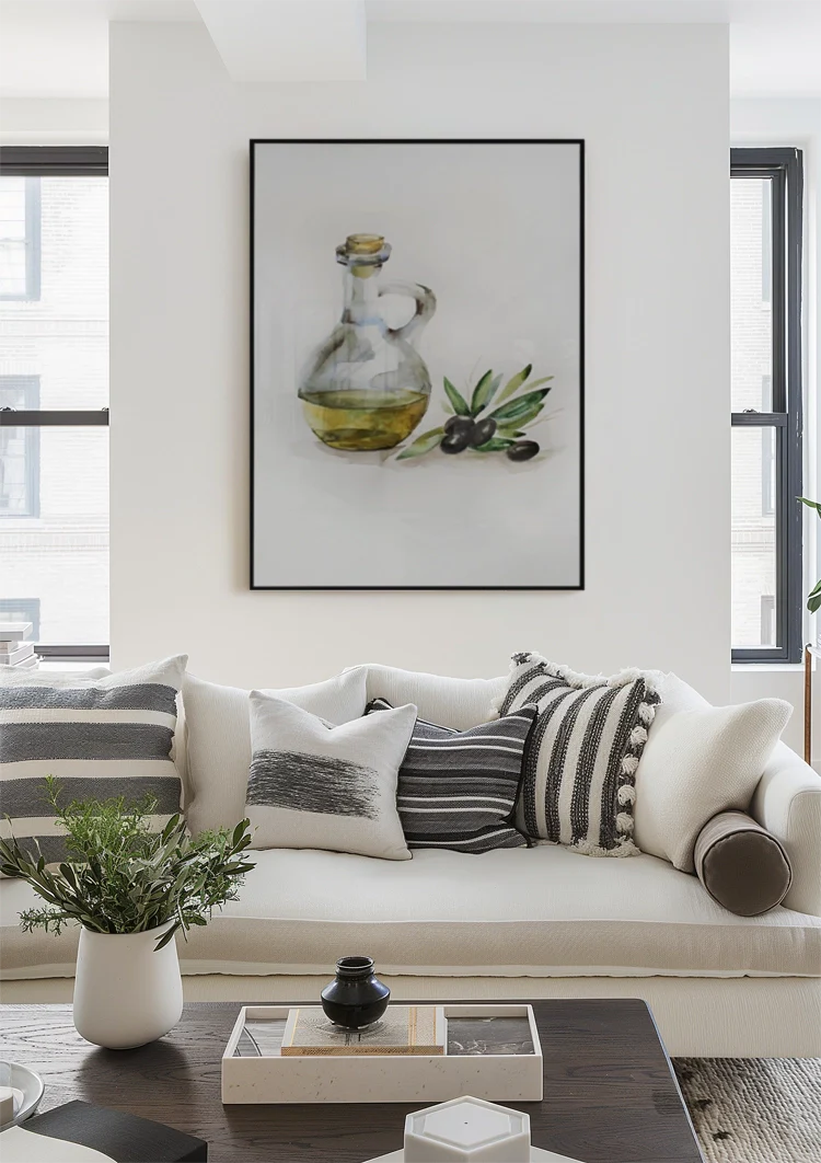 Olijfolie Fles Zwarte Olijftak Waterverf Botanisch Keuken Illustratie Schilderij