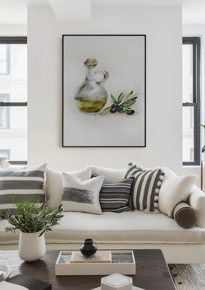 Olijfolie Fles Zwarte Olijftak Waterverf Botanisch Keuken Illustratie Schilderij