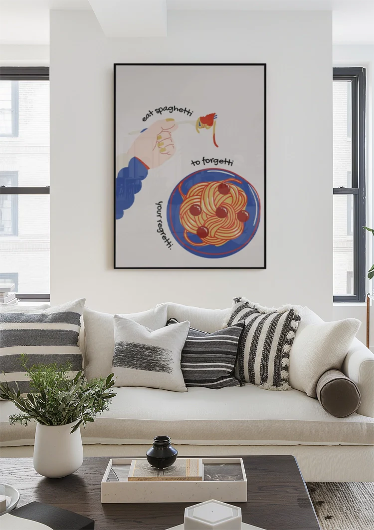 Spaghetti Teller Verspielte Illustration Essen Text Poster Gemälde