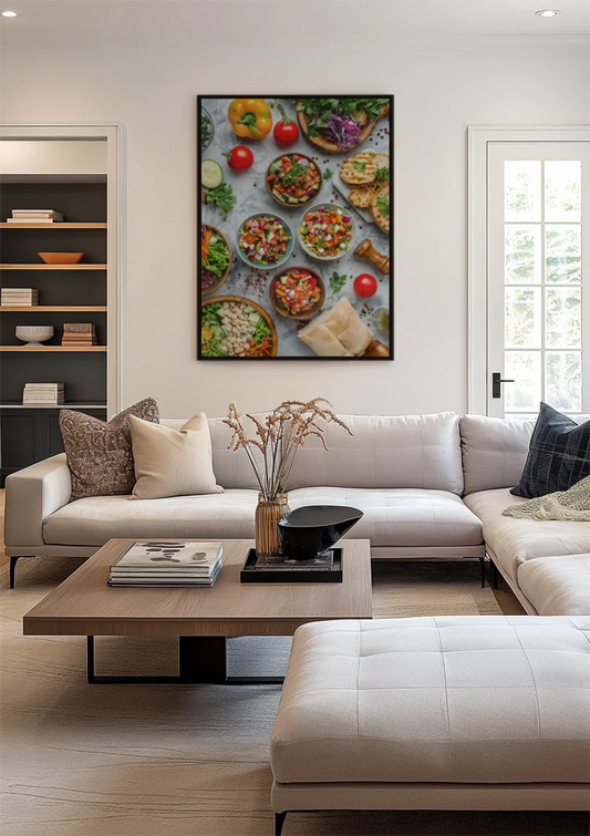 Mediterrane gerechten canvas schilderij aan de muur boven het bed in een rustige slaapkamer
