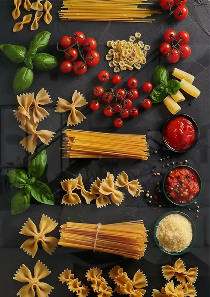 Italienisches Pasta-Sortiment Tomate Basilikum Dunkler Hintergrund Gemälde