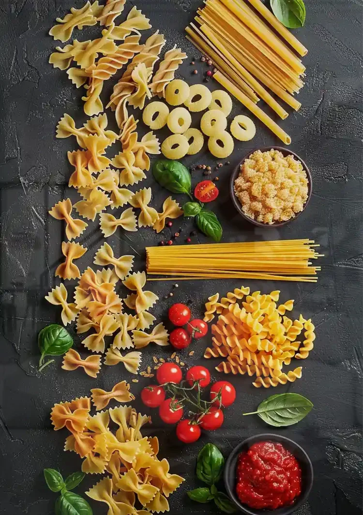 Colorful Italian Pasta Varieties Fusilli Spaghetti Tomatoes Dark Painting