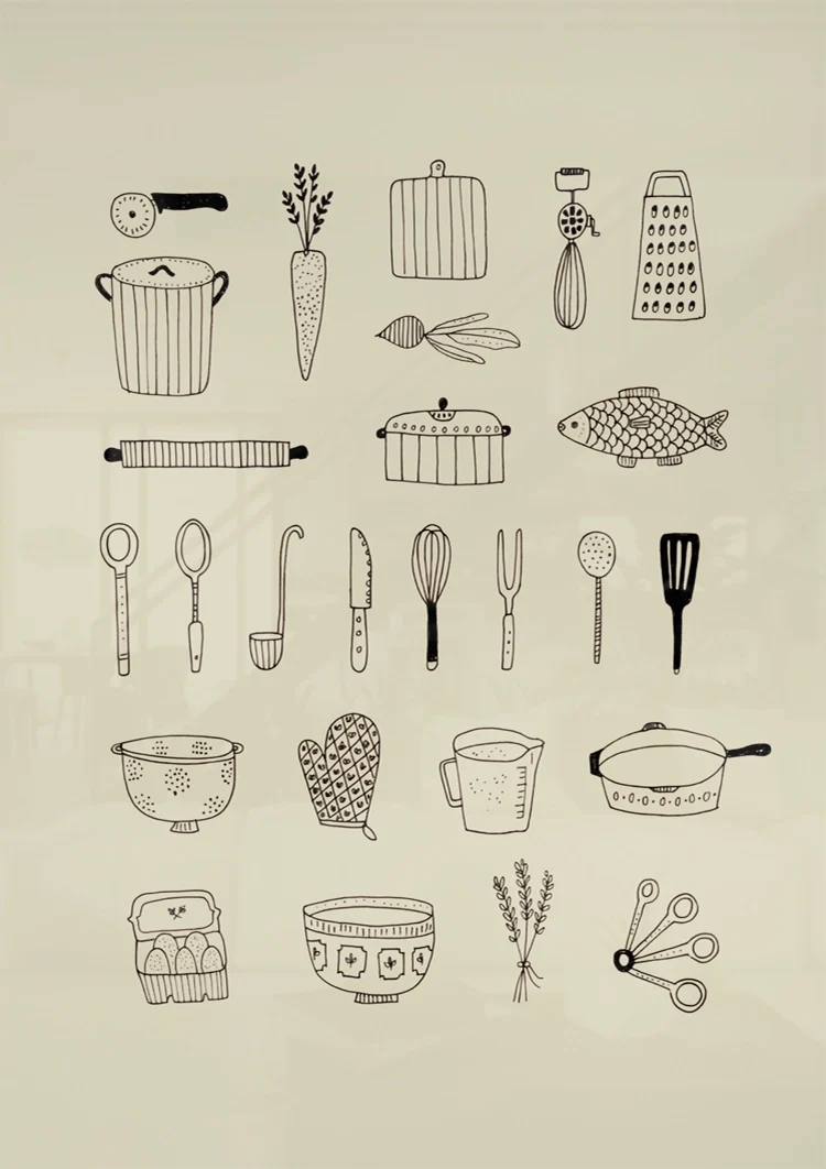 Küchenutensilien Linienillustration Beige Hintergrund Minimalistische Kochkunst-Malerei