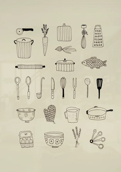Küchenutensilien Linienillustration Beige Hintergrund Minimalistische Kochkunst-Malerei