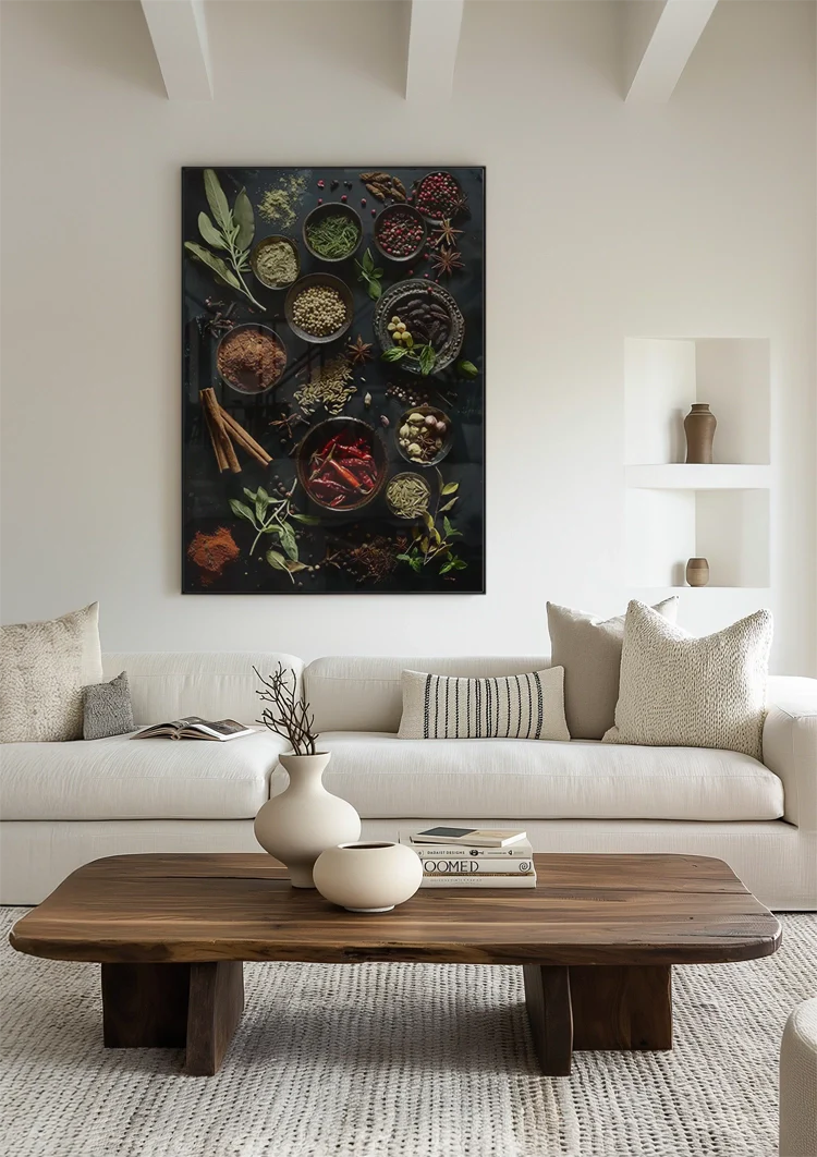 Assortiment Kruiden en Specerijen Donkere Achtergrond Bovenaanzicht Schilderij