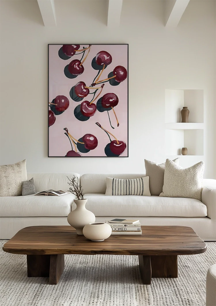 Dark Red Cherries Pink Background Fruit Still Life Painting
