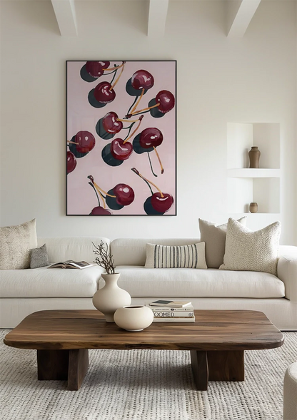 Dark Red Cherries Pink Background Fruit Still Life Painting