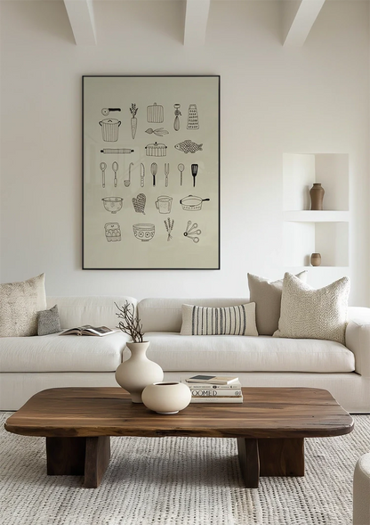 Küchenutensilien Linienillustration Beige Hintergrund Minimalistische Kochkunst-Malerei