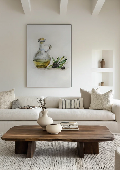 Olijfolie Fles Zwarte Olijftak Waterverf Botanisch Keuken Illustratie Schilderij