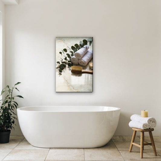 Eucalyptus spa stilleven canvas schilderij aan de muur in de badkamer boven het bad
