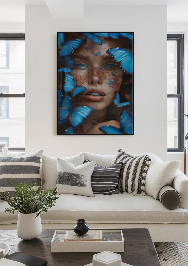 Female Portrait Surrounded by Blue Butterflies Dramatic Colorful Painting