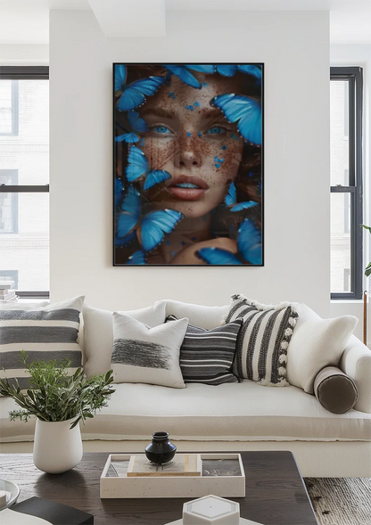 Female Portrait Surrounded by Blue Butterflies Dramatic Colorful Painting